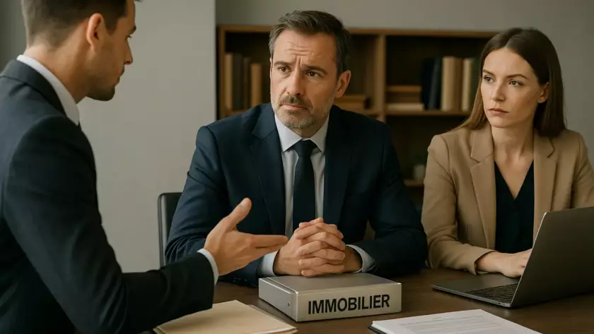 Photographie professionnelle représentant une discussion sérieuse entre particuliers et avocat à propos de la vente d’un bien immobilier dans une procédure de surendettement.