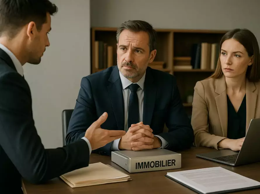 Photographie professionnelle représentant une discussion sérieuse entre particuliers et avocat à propos de la vente d’un bien immobilier dans une procédure de surendettement.