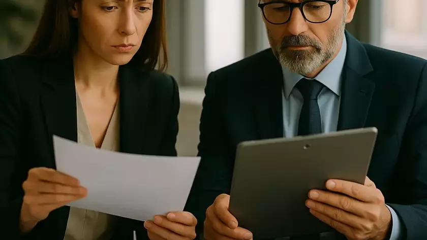 Professionnels en réunion autour d’une table moderne, discutant de documents juridiques liés à l’opposabilité des sûretés en procédure collective