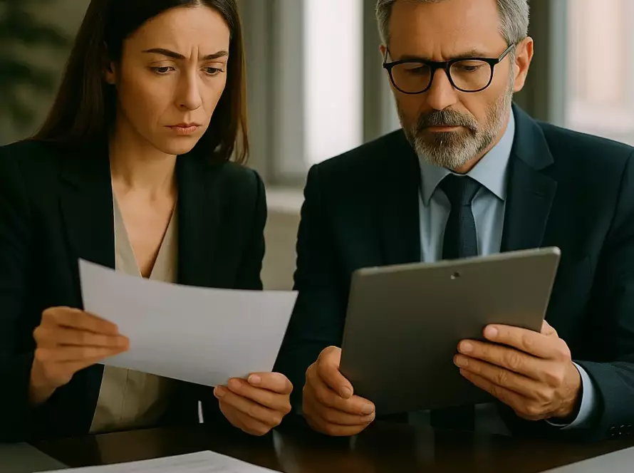 Professionals meeting around a modern table, discussing legal documents relating to the perfection of security interests in insolvency proceedings.