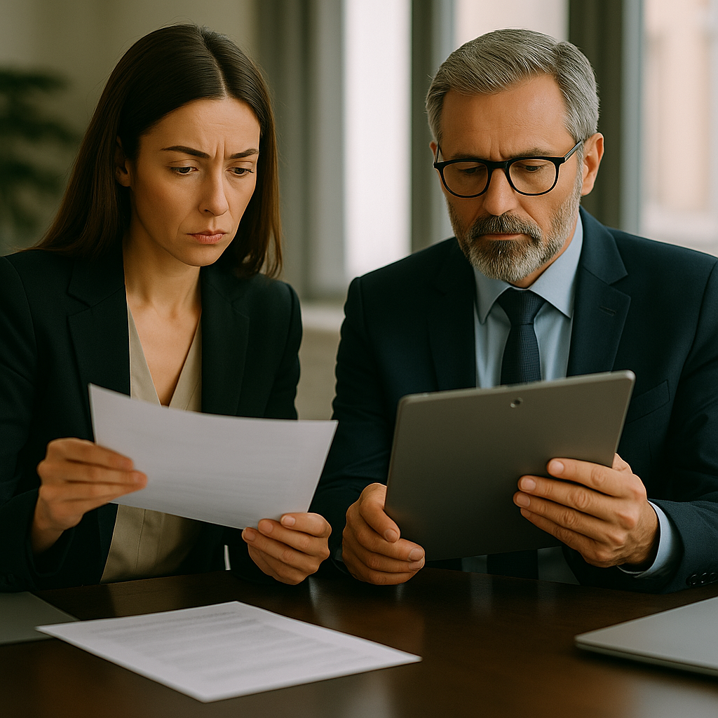 Professionnels en réunion autour d’une table moderne, discutant de documents juridiques liés à l’opposabilité des sûretés en procédure collective