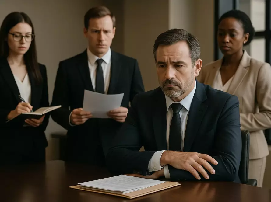 Quatre professionnels en réunion dans un bureau moderne, discutant d’un litige entre associés, image illustrant une sanction pour non-respect d’un pacte d’associés.