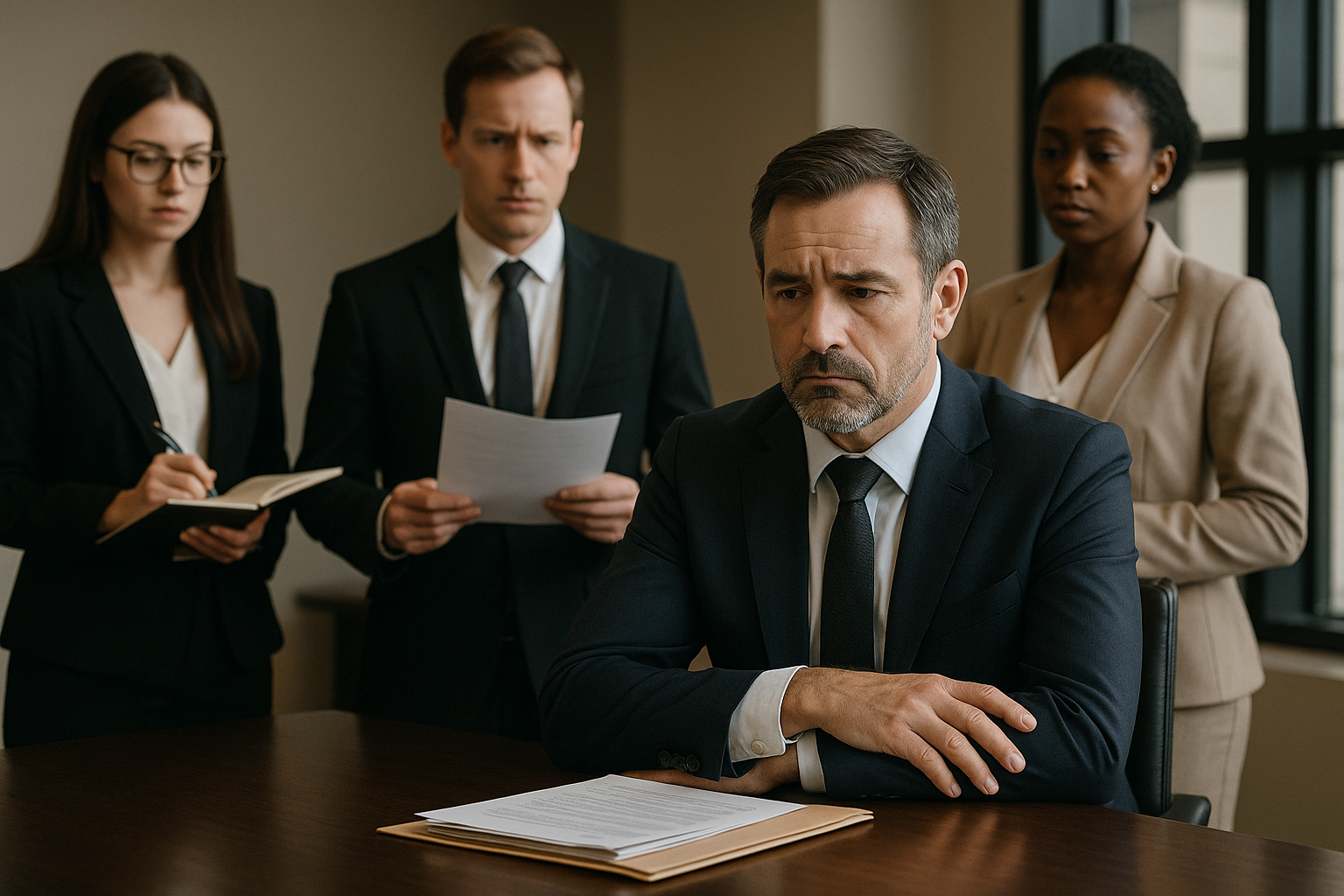 Quatre professionnels en réunion dans un bureau moderne, discutant d’un litige entre associés, image illustrant une sanction pour non-respect d’un pacte d’associés.