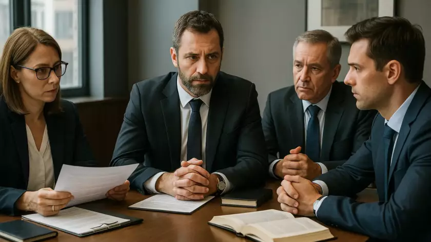 Réunion entre associés et avocats pour gérer un litige lié à l'annulation d'une exclusion et ses conséquences juridiques.