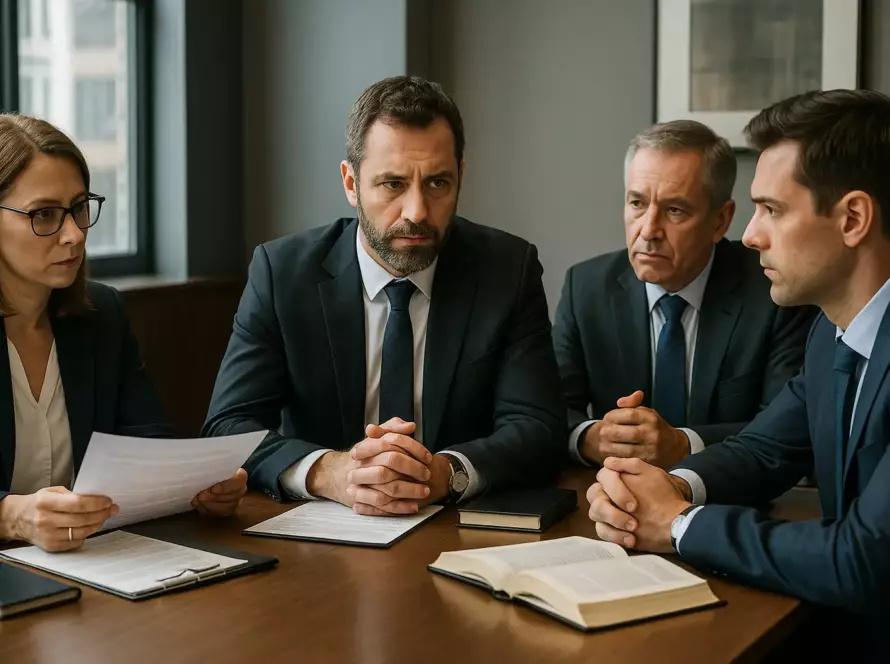 Réunion entre associés et avocats pour gérer un litige lié à l'annulation d'une exclusion et ses conséquences juridiques.