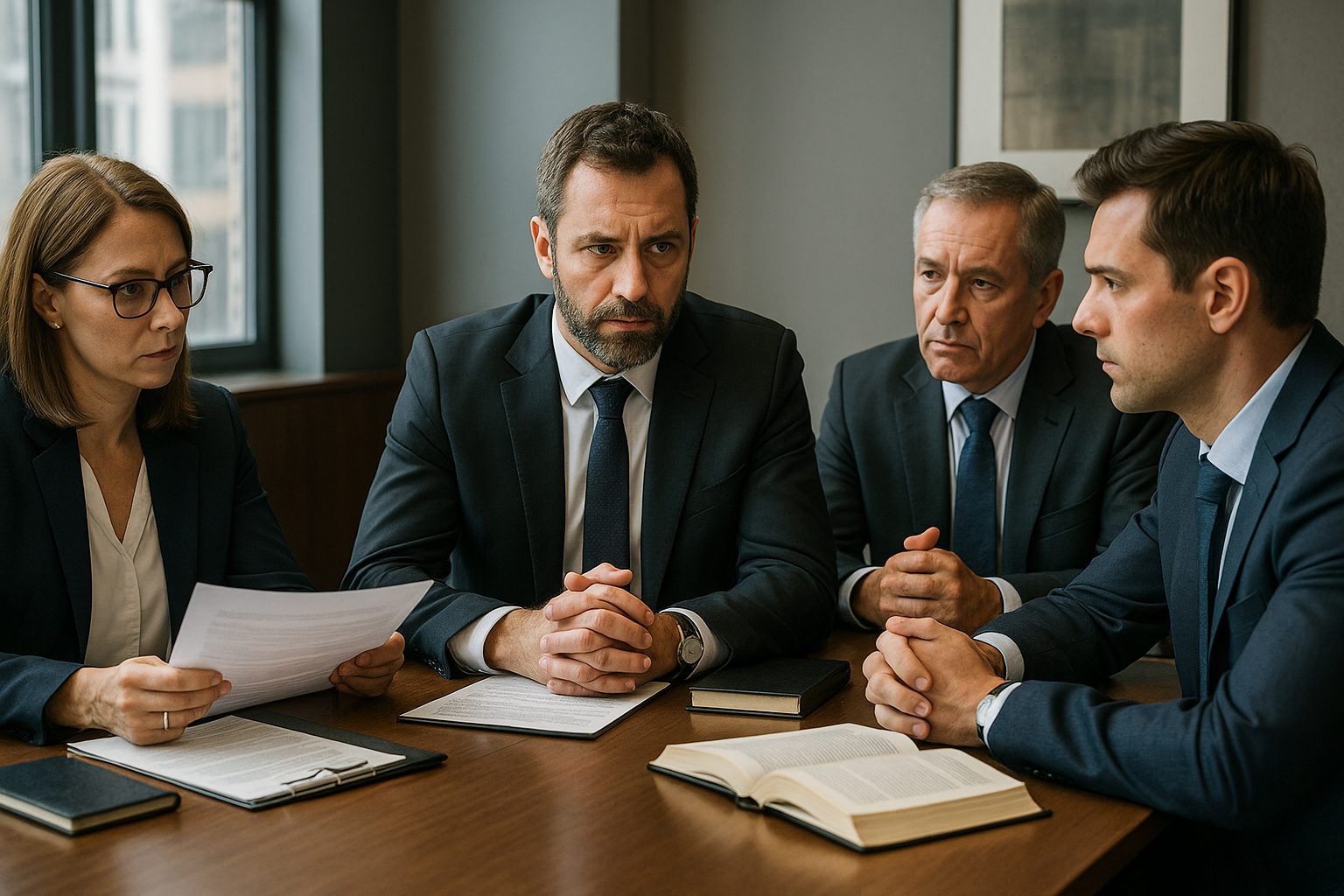Réunion entre associés et avocats pour gérer un litige lié à l'annulation d'une exclusion et ses conséquences juridiques.