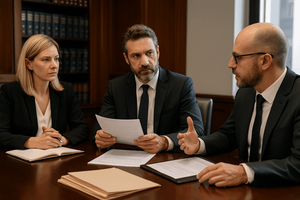 Avocats et bailleurs discutant d’un bail commercial en contexte de procédure collective.