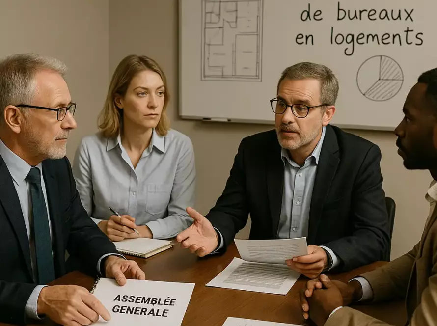 Réunion de copropriétaires discutant d’un projet de transformation de bureaux en logements, illustrant l’assouplissement des règles de majorité.