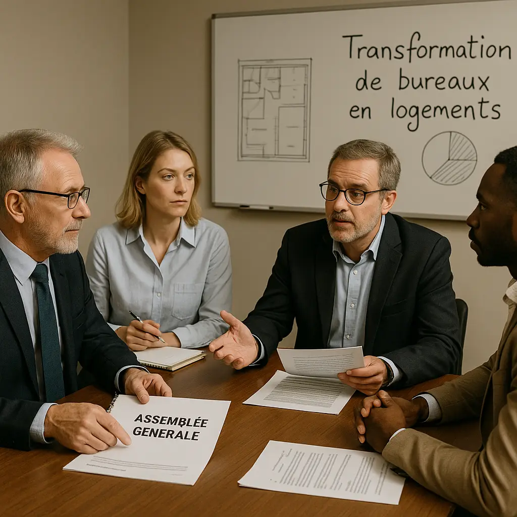 Réunion de copropriétaires discutant d’un projet de transformation de bureaux en logements, illustrant l’assouplissement des règles de majorité.