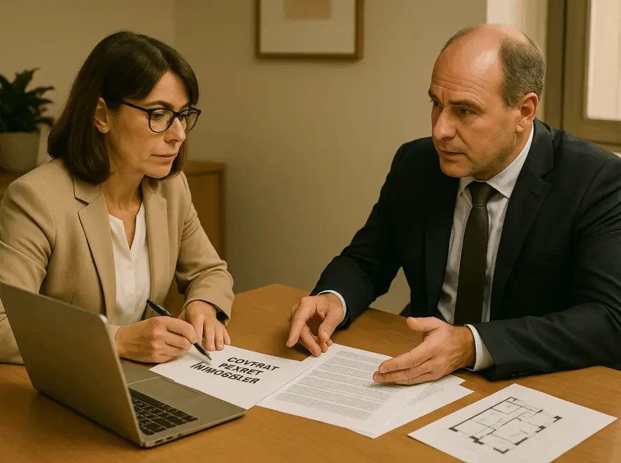 Réunion entre un conseiller bancaire et le gérant d’une SCI autour d’un contrat de prêt immobilier, illustrant une décision de la Cour de cassation sur le droit de la consommation.