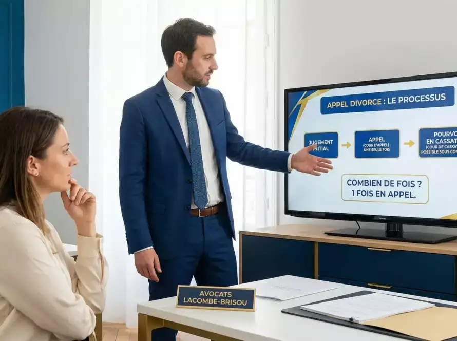 Avocat expliquant la procédure d’appel en matière de divorce à une cliente